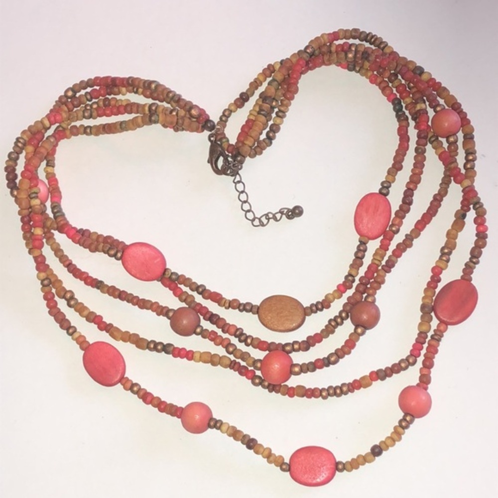 Multicolor Pink Tan Wooden Beaded Boho Necklace
